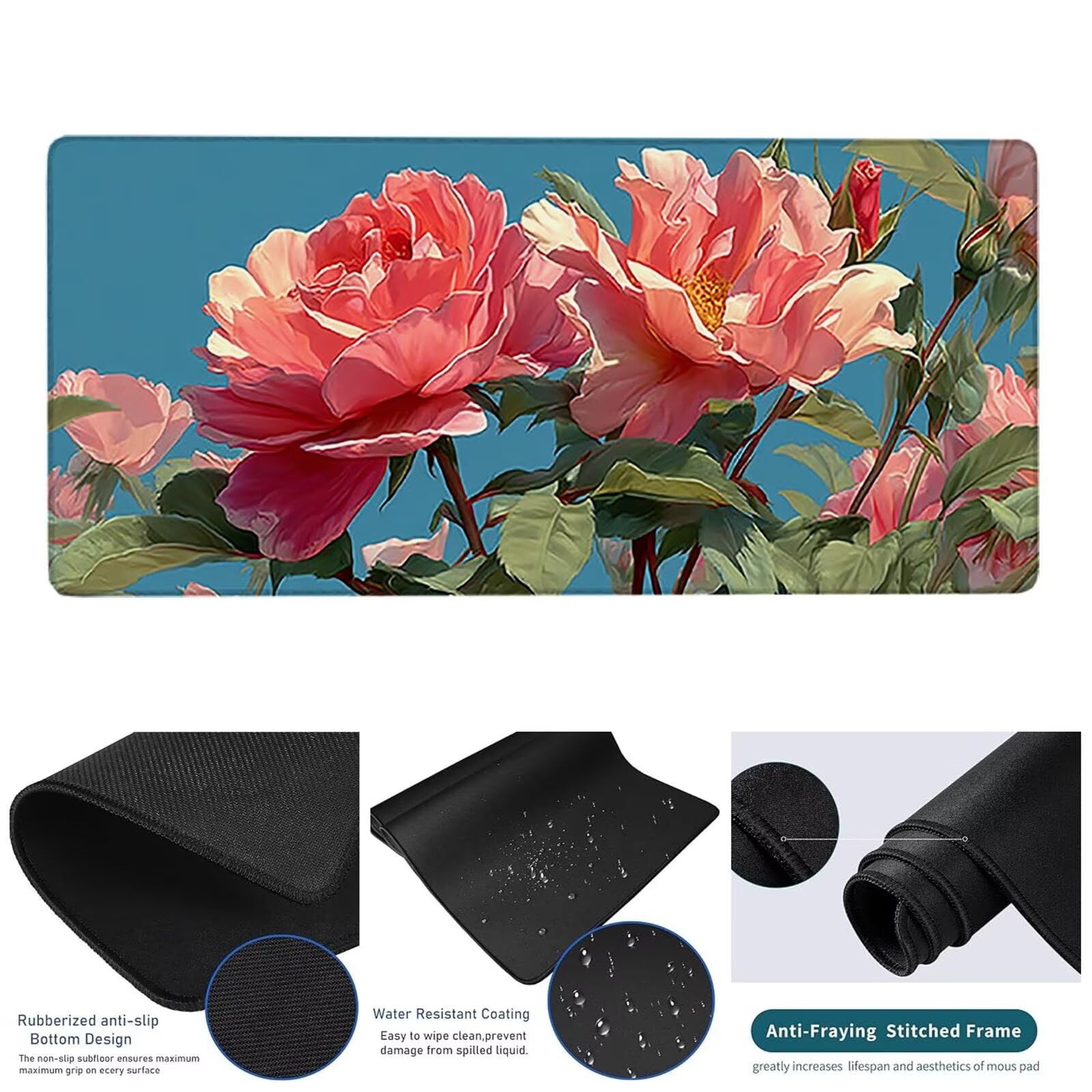 Różowa podkładka pod mysz, duża podkładka pod mysz XXL 1200 x 600 x 3 mm kwiat pod ręką biurko, podkładka pod mysz do klawiatury i biura, z przeszytymi krawędziami i antypoślizgowym tyłem do domu