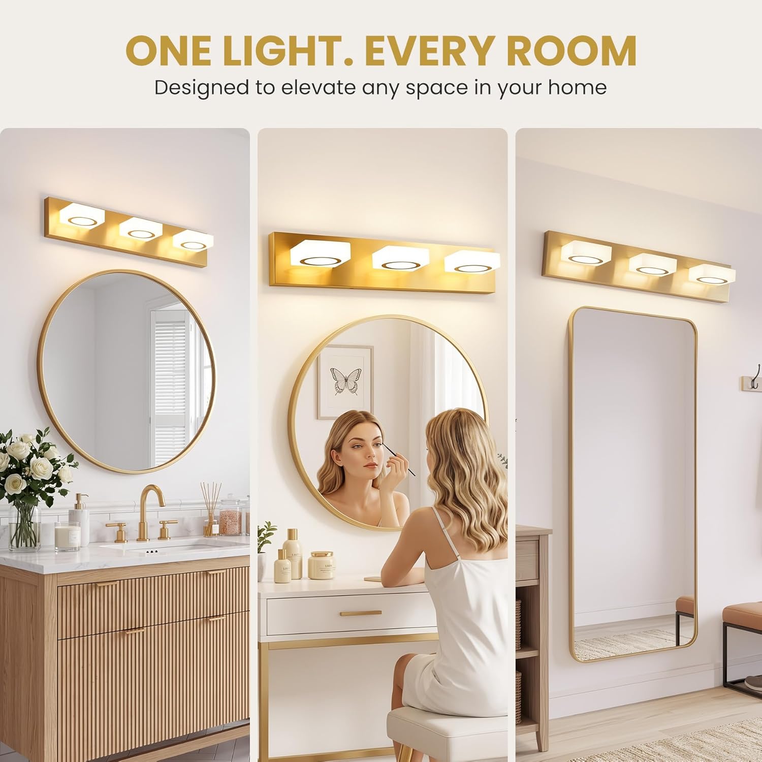 Bathroom Vanity Light, 3-Light 24 Inch Brushed Gold 5CCT 2700-6500K LED Bathroom Light Fixtures Over Mirror, Vanity Lighting Modern Bath Wall Sconce for Mirror Bedroom Living Room