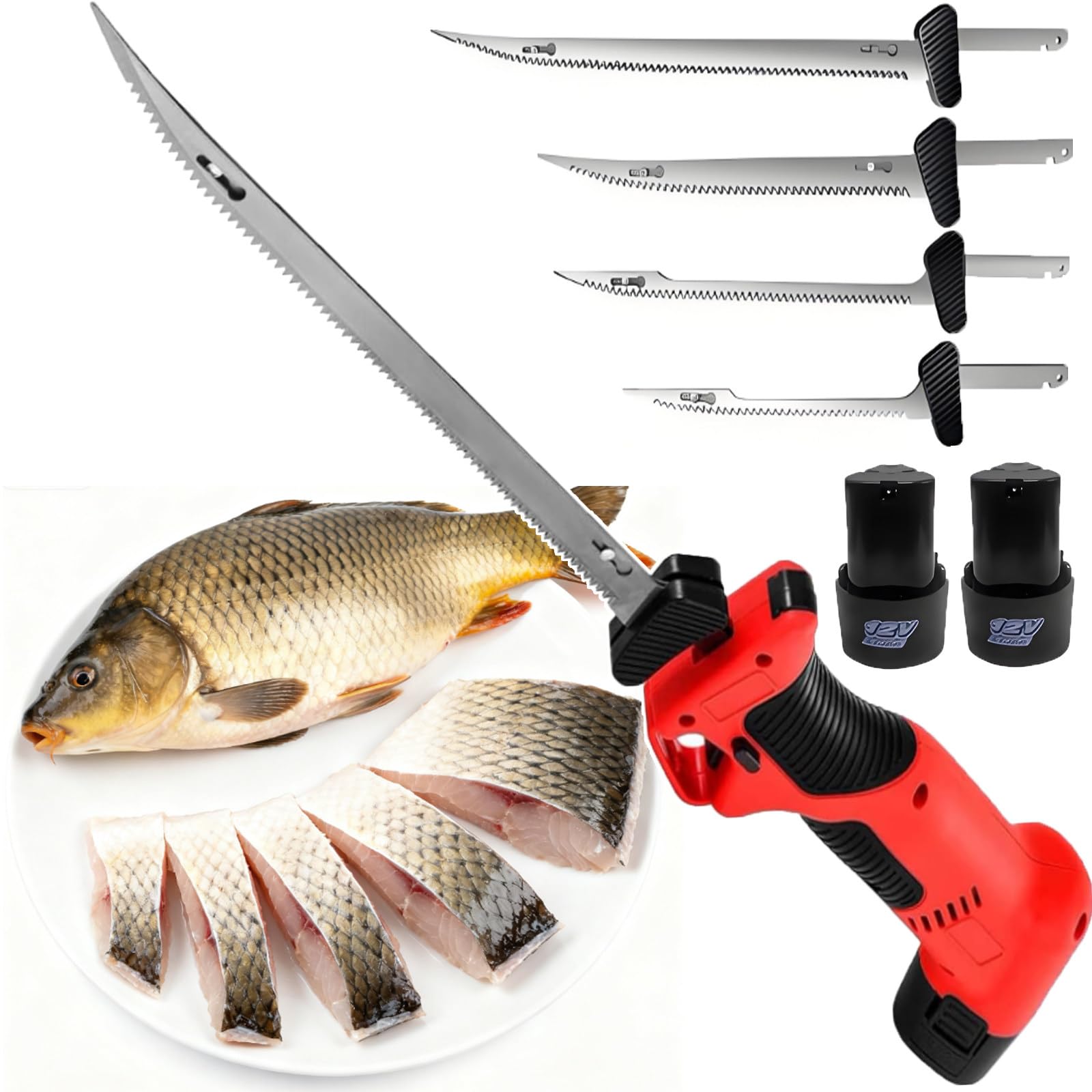 Cuchillo Eléctrico Inalámbrico Comercial para Filetear Pescado Y Carne A Granel - Sierra Industrial Recíproca para Filetear Pescado Y Carne con 4 Cuchillas Y Doble Batería