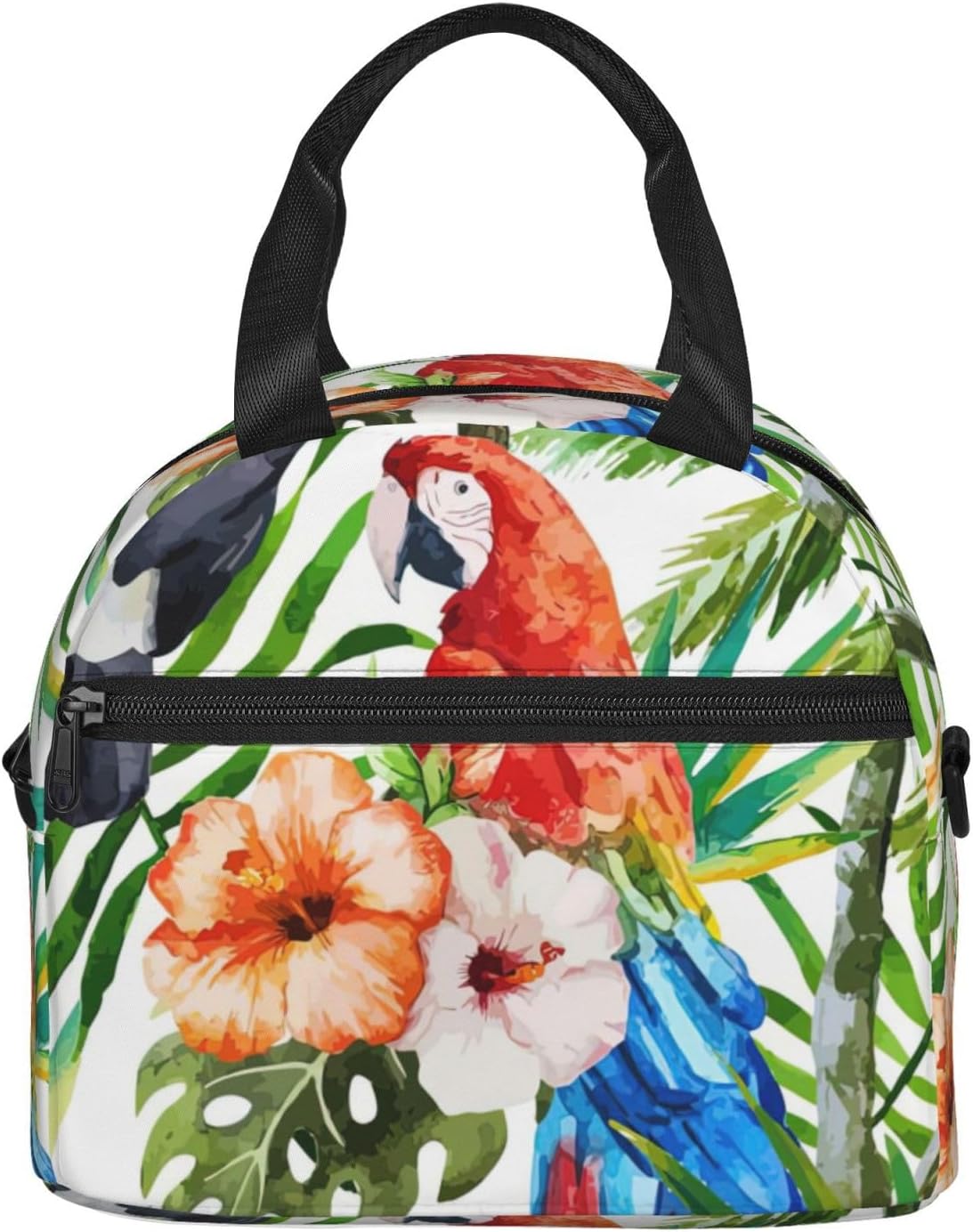 Toucans Parrot palm tree leaves Print Reusable Lunch Bag Insulated Lunch Boxes for Office Work Picnic Tote Bag Adjustable