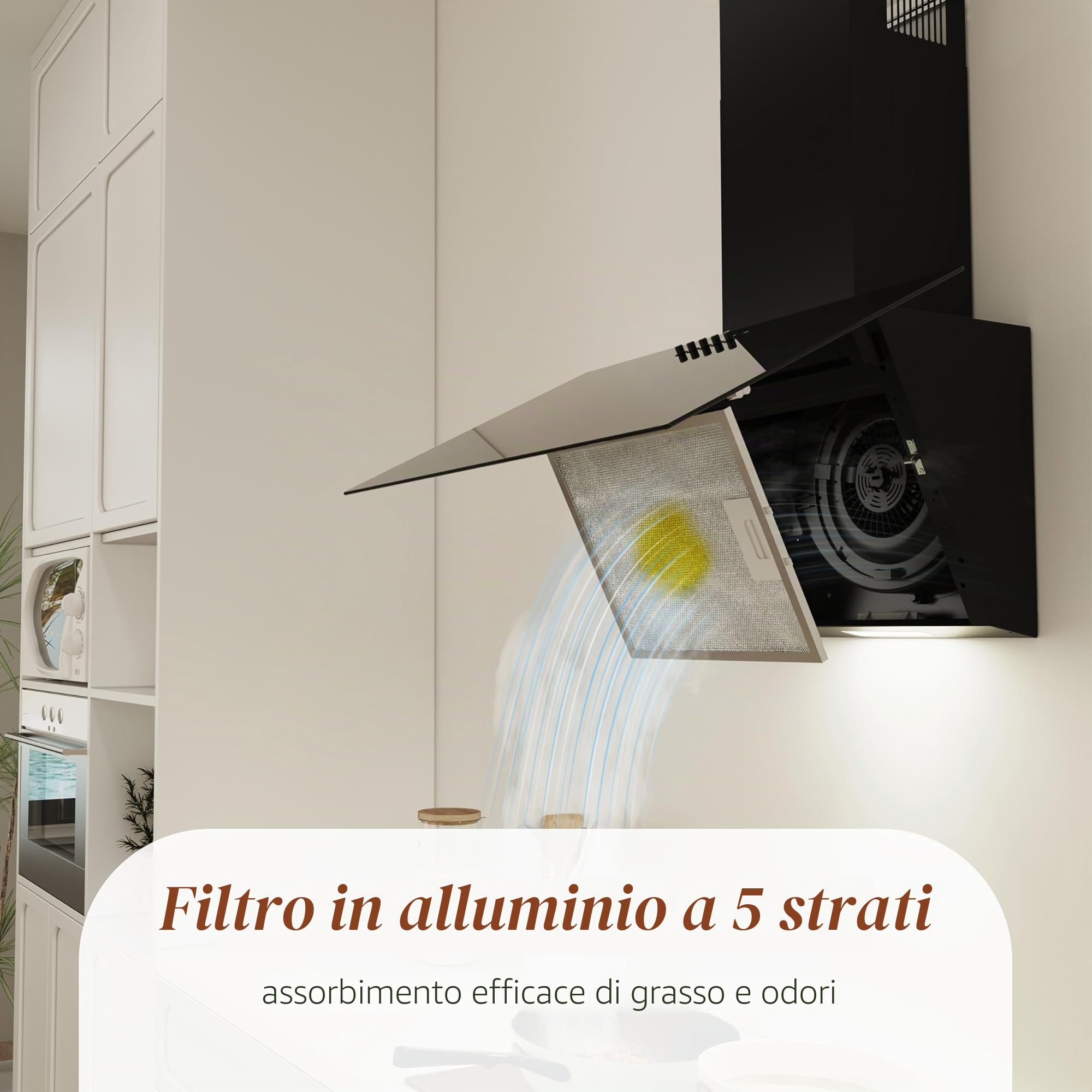 FIREGAS Cappa Aspirante 60cm Classe A Inclinata da Cucina - Cappa a Parete con Motore Senza Spazzole, 3 Livelli di Aspirazione, Filtro a Carboni Attivi, Sistema di Evacuazione e Riciclaggio, Nero