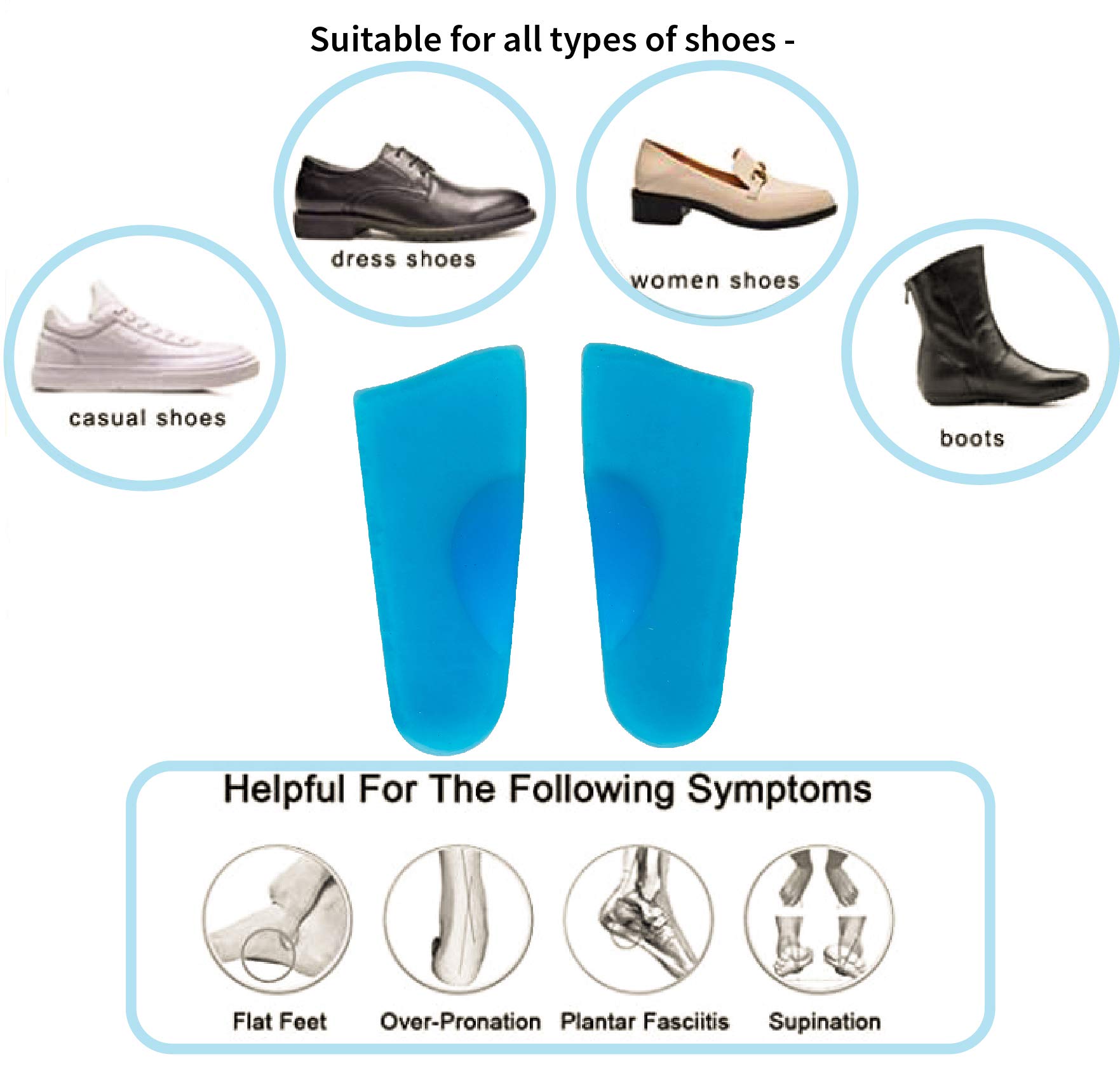 ONYXNEO Silicone 3/4 Insole with Medial Arch Support for Adults- Cushioning, Soft and Bouncy Feel β(Pack of 1 Pair), Universal Size 4