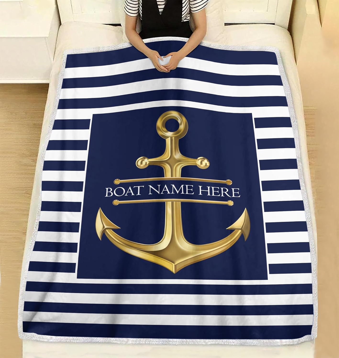 Personalized Anchor Blanket - Custom Boat Name Sherpa Blanket, Super Soft Fleece Throw Blanket for Couch, Nautical Gifts, Yacht Bedding Gift