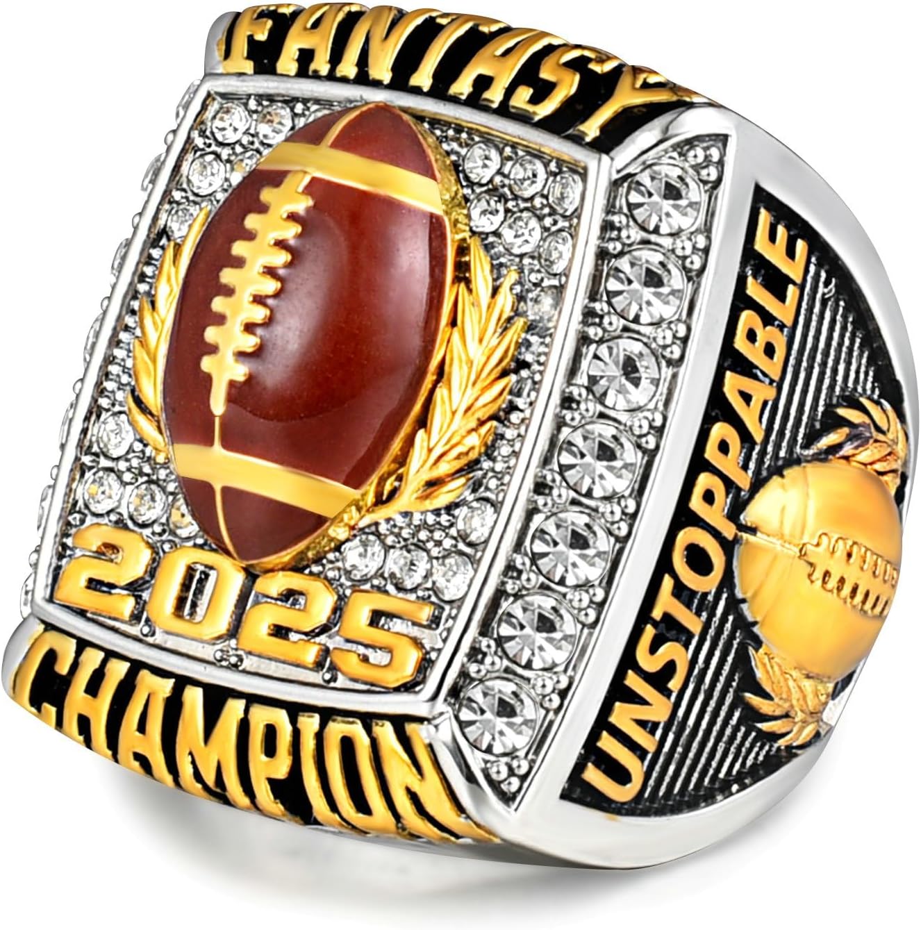 2025 Fantasy Football Champion Ring with Brown football Raised - Premium Unstoppable Trophy Ring with Zircon - Commemorative Gift for Fantasy League Winners​
