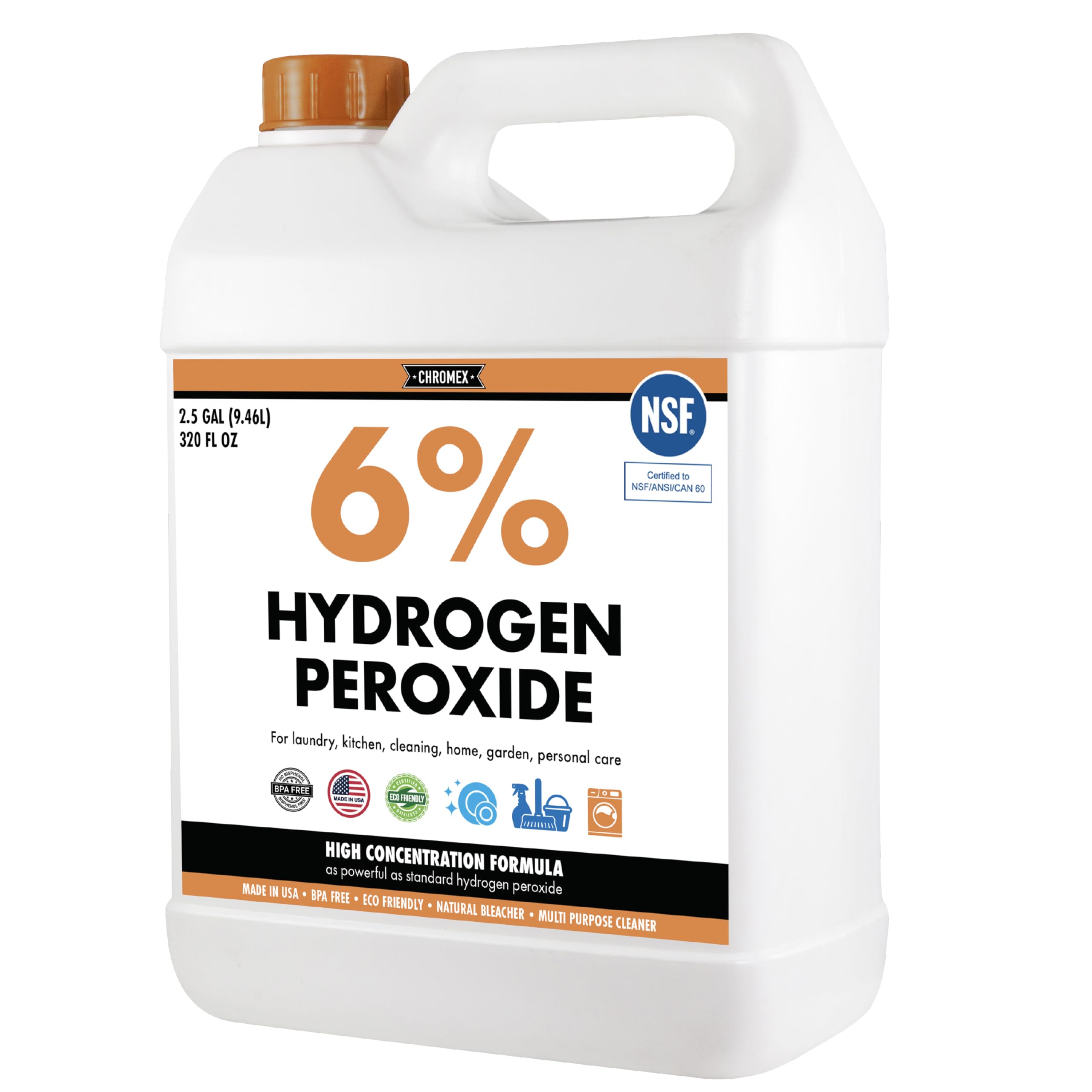 Chromex 6 Percent Hydrogen Peroxide, Food Grade, Home, Kitchen, Bath Cleaner, Laundry, Whitening, 2.5 Gallons