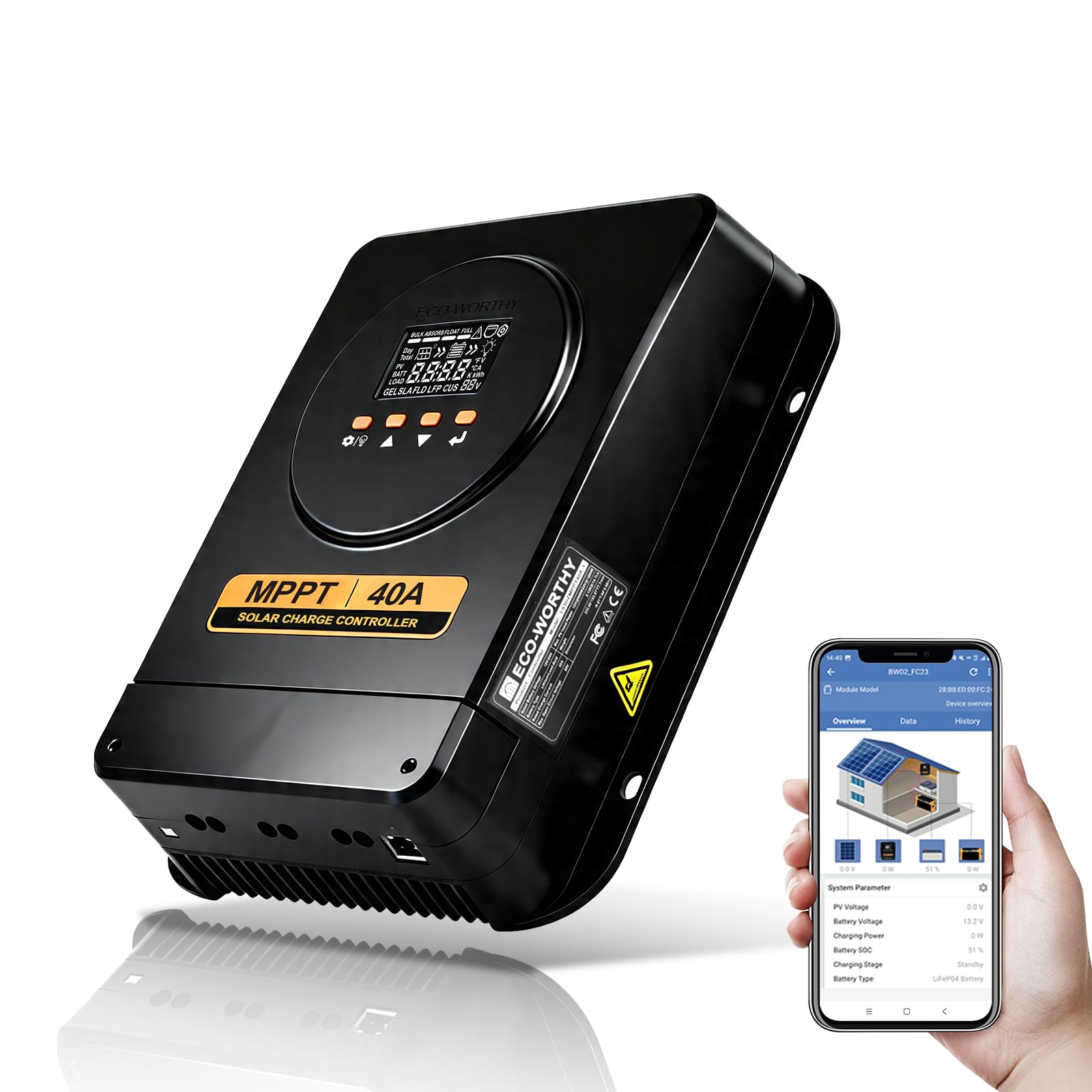 ECO-WORTHY Regolatore di carica MPPT da 40 A, 12 V/24 V, regolatore di carica solare con display LCD, monitor app Bluetooth, efficienza di ricarica del 99% per batteria al litio GEL SLA FLD in camper