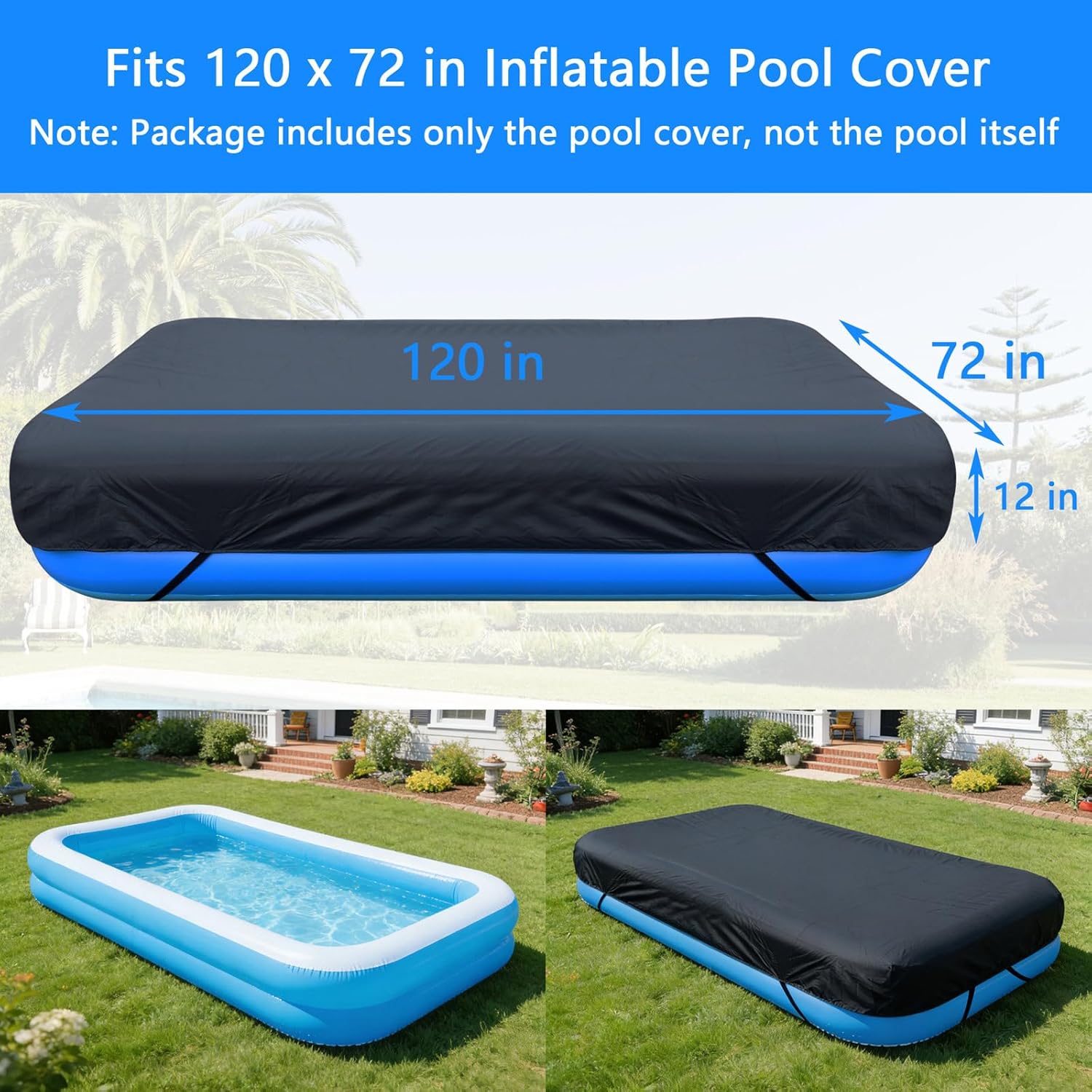 120 x 72 inch Inflatable Rectangle Pool Cover 10 x 6 ft Inflatable Rectangular Kid Pool Covers Garden Outdoor Above Ground Swimming Pool Shades Backyard Adult Pool Accessories