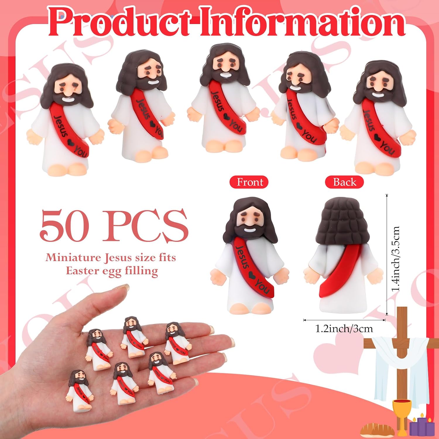 Bememo 50 Pcs Mini Jesus Figures Jesus Loves You Christ Toys Little Christ Figures to Hide and Seek Sunday School Religious Favors Gift(Red)