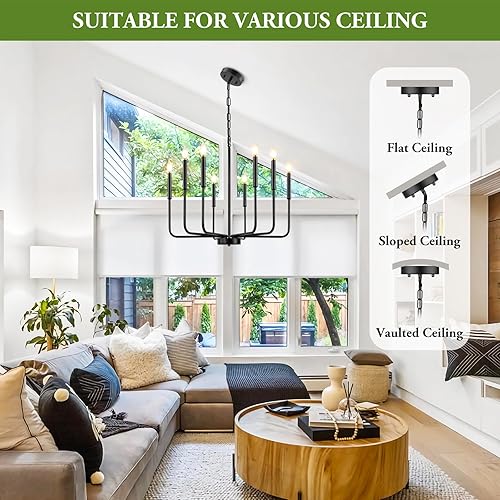 Miniatura 10 de Candelabro negro, 6 luces modernas de granja para accesorios de iluminación de comedor, iluminación industrial rústica colgante de vela para