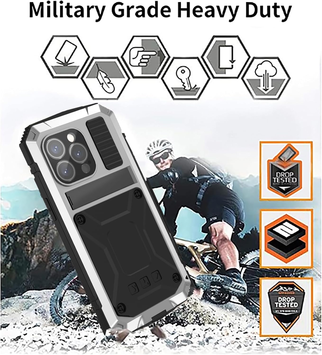 Simicoo Compatible with iPhone 16 Pro Max Metal Case with Screen Protector Camera Protector Military Rugged Heavy Duty Shockproof Case with Metal Kickstand Full Body Tough Dustproof Case (Sliver)