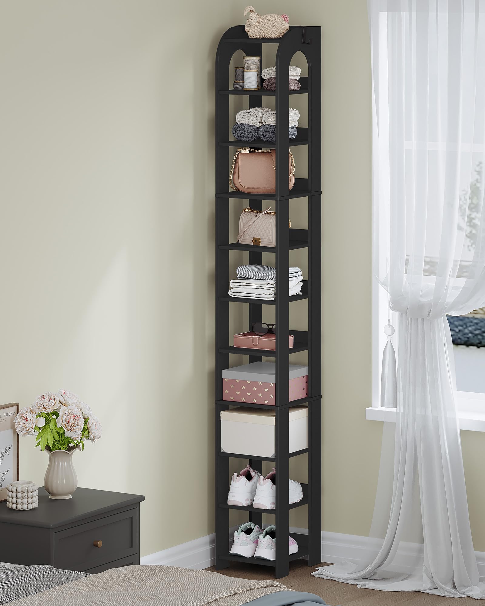 Hzuaneri Zapatero, 11 Estantes, con Ganchos, Negro | Organizador de Zapatos de Madera Para Armario, Entrada, Torre de Zapatos Para Habitaciones Pequeñas, Ajustable, SR12406X