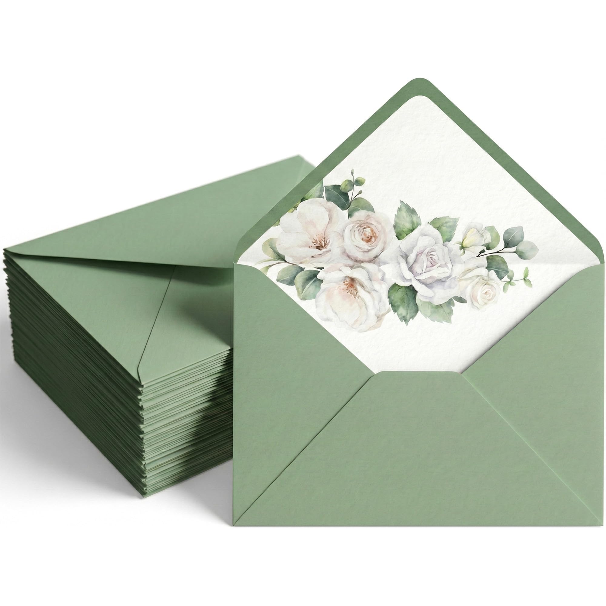 50 Pack 5 x 7 Inches Sage Green Envelopes Floral Pattern Invitation Envelopes V-Flap Water Gummed 150GSM Thick Paper for Wedding, Postcards, Greeting Cards, Mailing