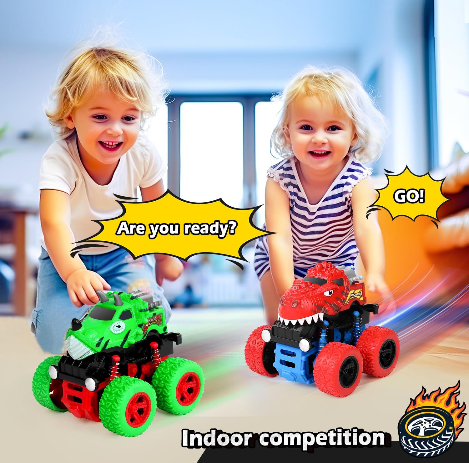 Juguetes de dinosaurio para niños de 3, 4 y 5 años, camiones monstruos para niños de 3 a 4 a 5 años, 4 ruedas de tracción duraderos, autos de fricción alimentados para niños de 3 a 5 años, regalos de 7