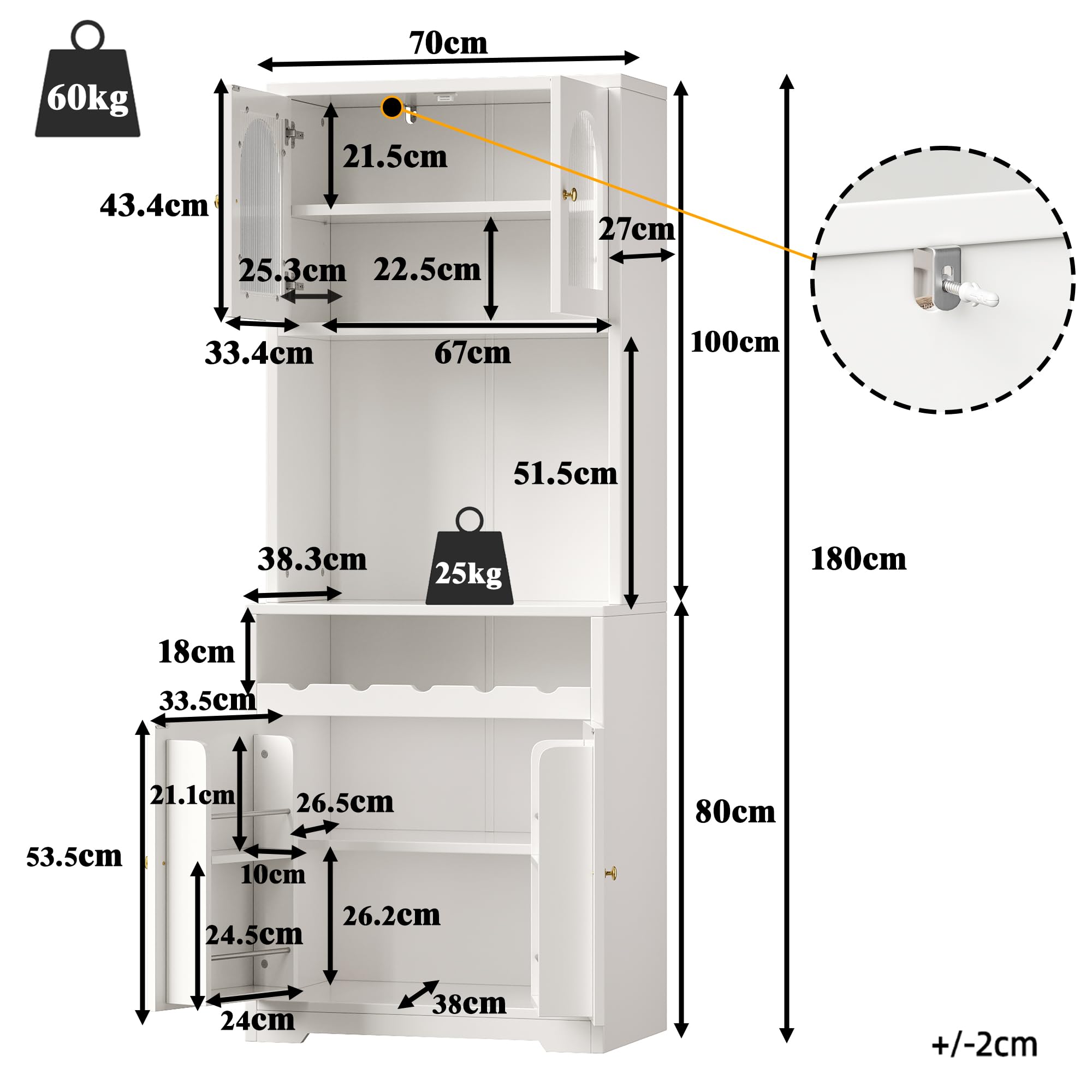 Kebnor Hochbuffetschrank 180cm Weiß mit App-RGB-LED, gewölbte Glastüren, Weinregal & Anti-Kipp-Vorrichtung, verstellbare Einlegeböden