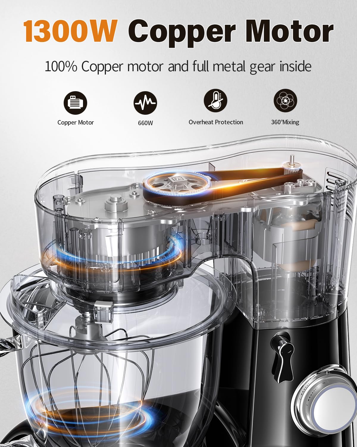 Facelle Robot Patissier, Bol 6,5L en Acier Inoxydable, 1300W Puissant, 10 Vitesses Robot Cuisine, Mixeurs, Batteurs et Robots Multifonctions