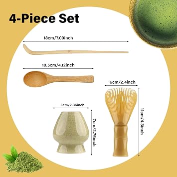 4 Piece Matcha Japanese Ceremony Set, Resin Matcha Whisk, Bamboo Spoon, Bamboo Scoop, Whisk Stand, Perfect Set for Preparing, Yellow - Matcha Green