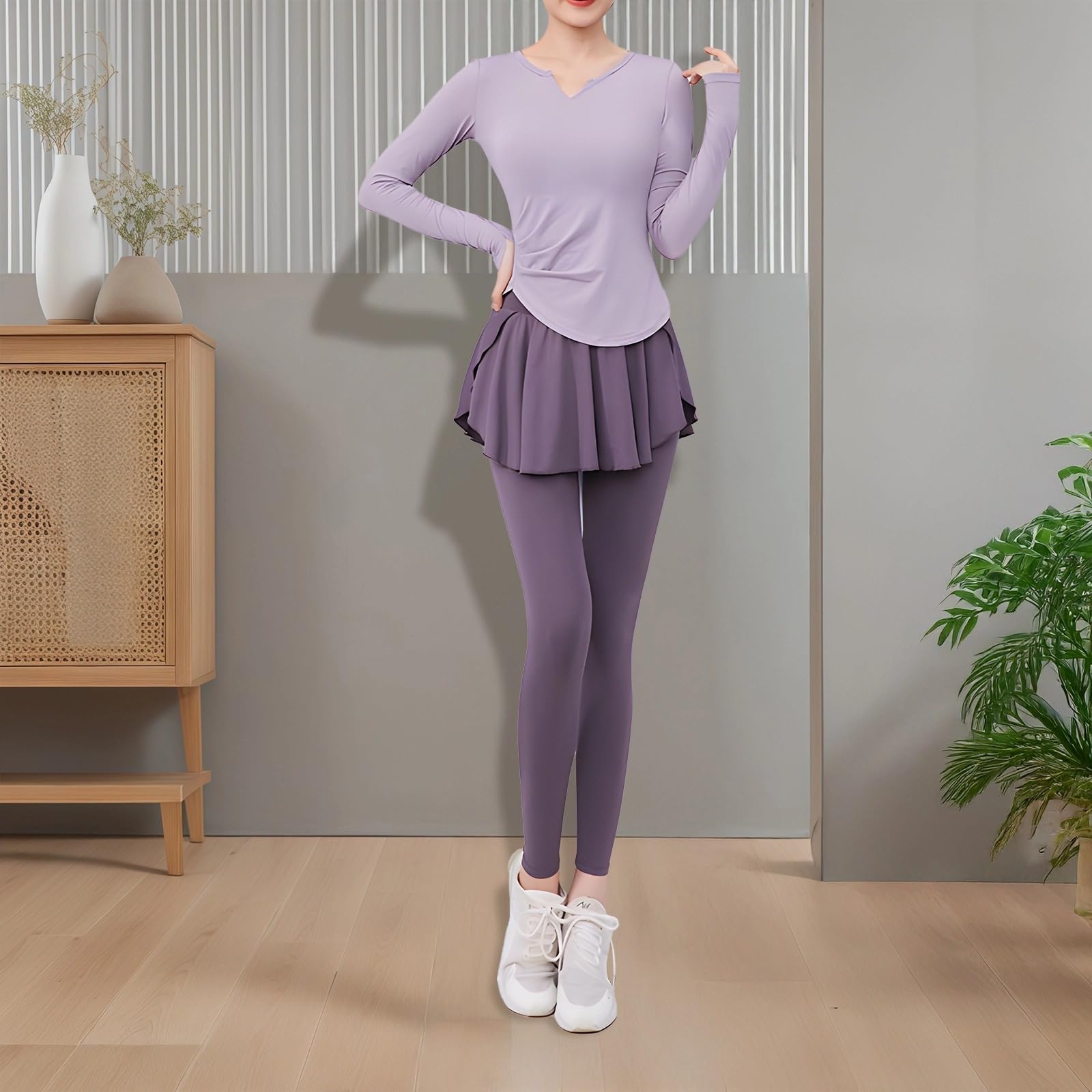 Completo da pilates nero da donna, due pezzi a maniche lunghe con leggings gonna, traspirante, traspirante e traspirante per 61-68 kg