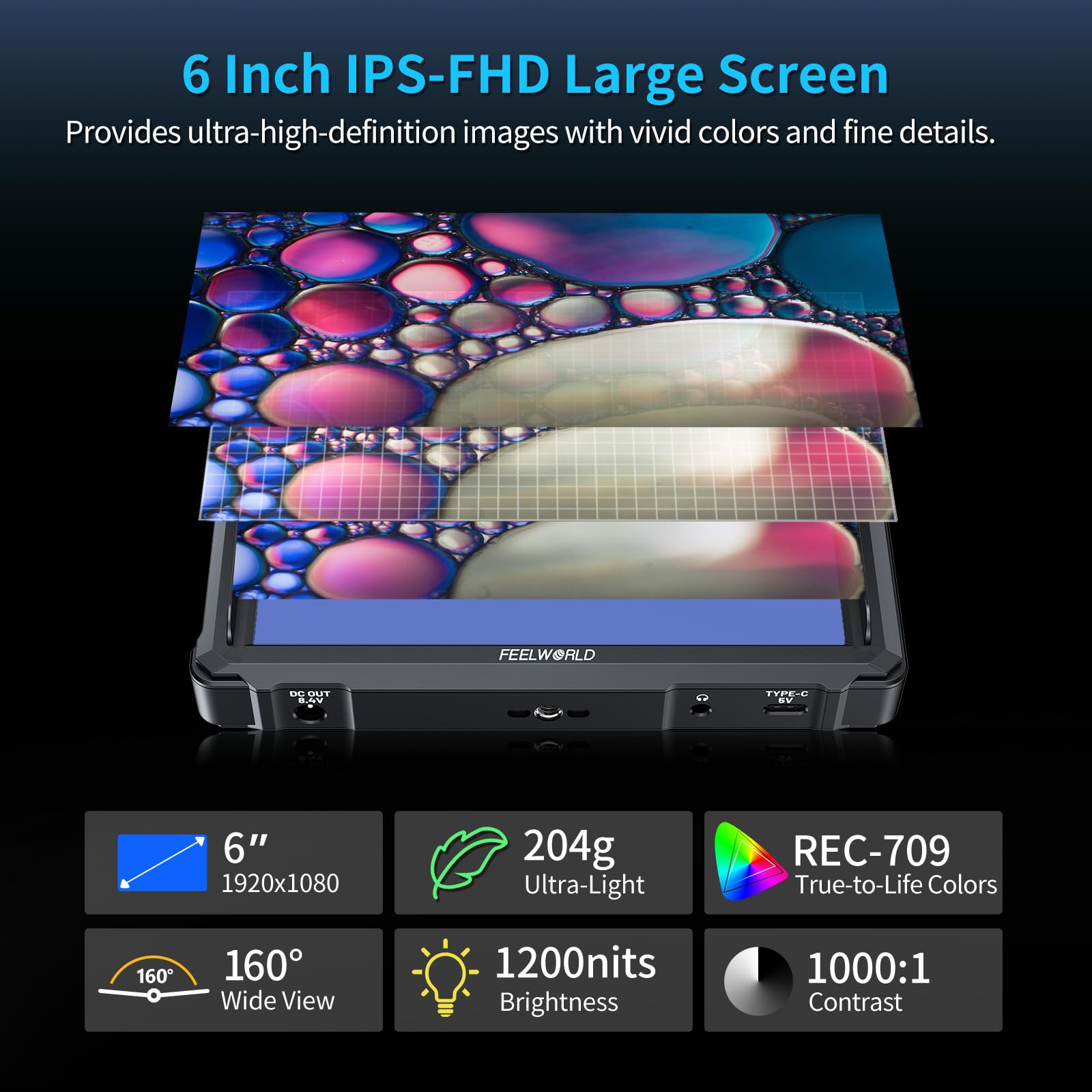 FEELWORLD FW568 PRO 6 1200nits Monitor da campo per fotocamera da pollici, 1920x1080 1200nit DSLR Video Monitor con 4K HDMI in/out, forma d'onda, LUT 3D, include batteria F750 4400mAh e borsa per il