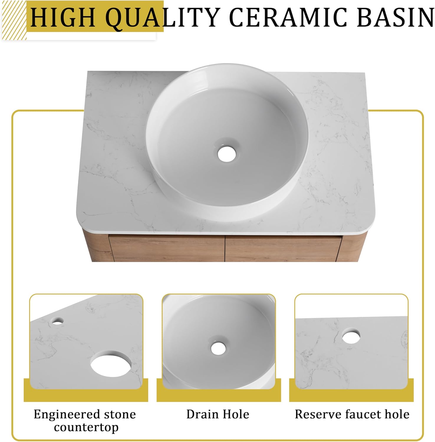 30 Inch Wall-Mounted Bathroom Vanity with Sink Set Modern Floating Bathroom Vanitites with Round Ceramic Vessel Sink 30" Bathroom Sink Cabinet with Marble Counter Top & Soft Closing Door