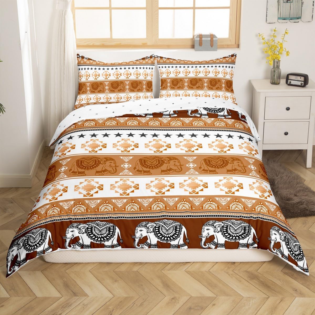 Ethnic Tribal Style Duvet Cover Set Toddler Size,Rustic Boho Elephant Wildlife Animal Reversible Quilt Cover for Kids Boys Bohemian Brown Stripes Bedding Set with 1 Pillowcase,No Comforter