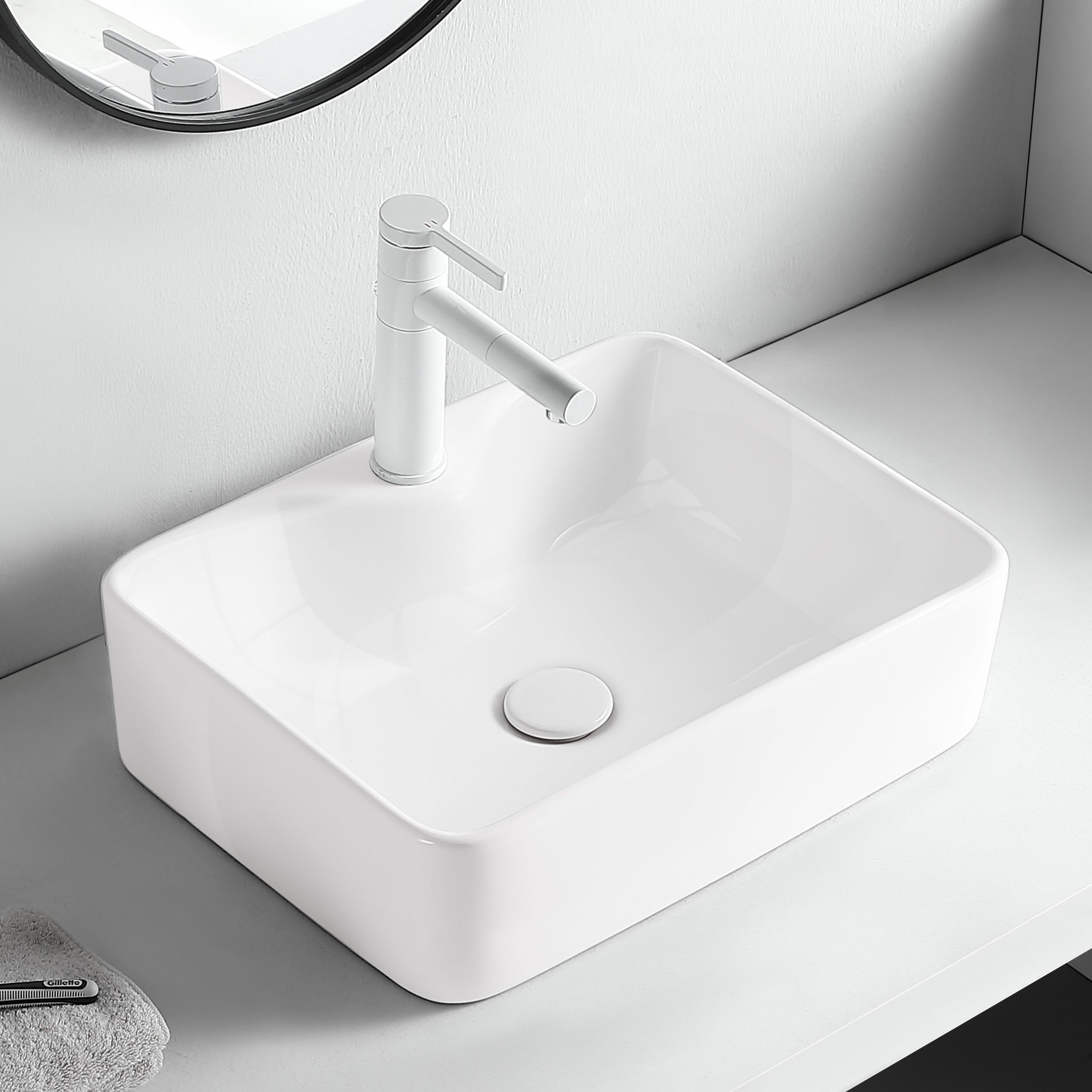AQUAUNO - Lavabo da Appoggio KAIA 49 x 38 cm, Rettangolare, in Ceramica Bianca con Foro per Rubinetto senza Troppopieno