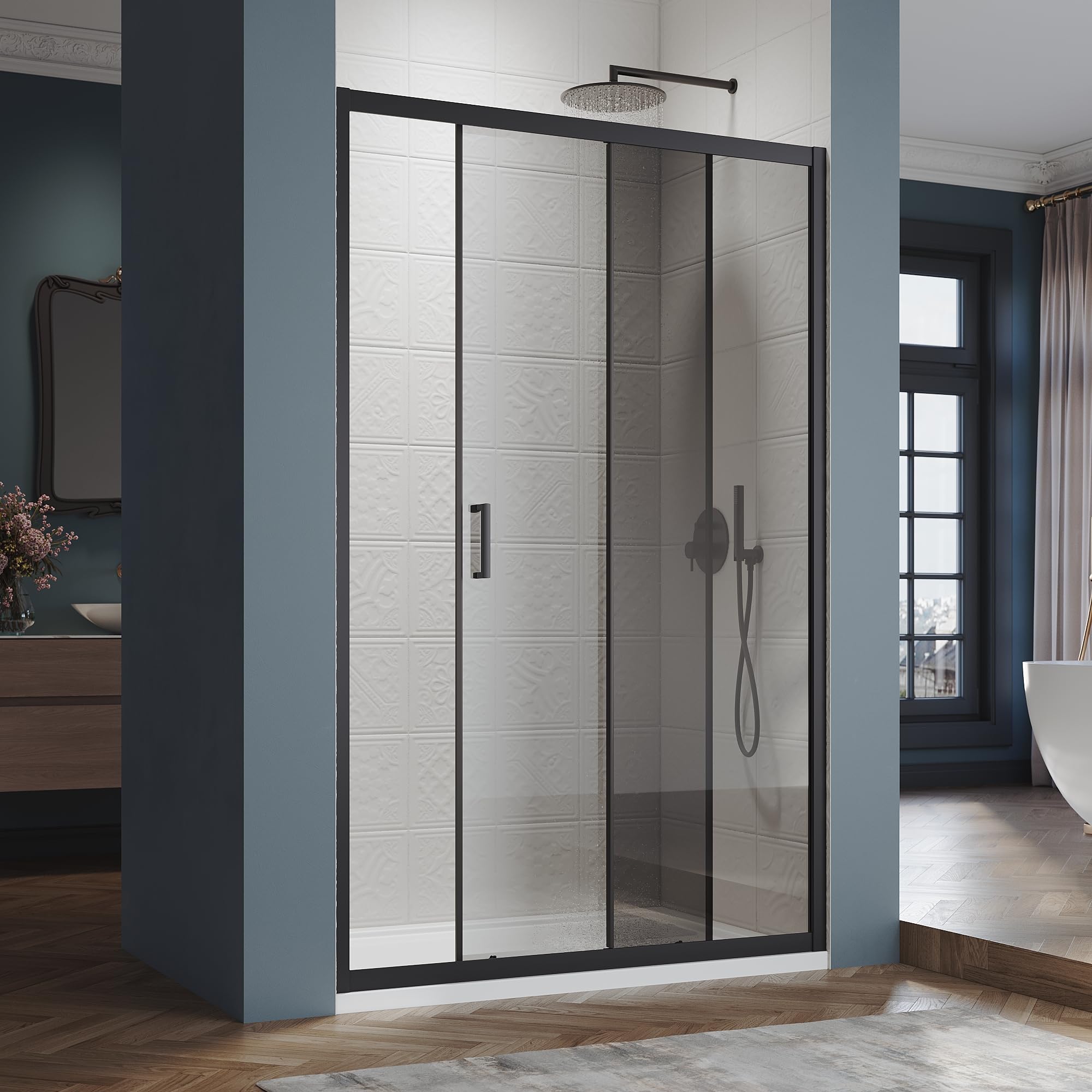 SIRHONA Cabina de ducha Corredera 120 x 185 cm Mampara de ducha Transparente corredera de vidrio templado 5mm, Negro mate