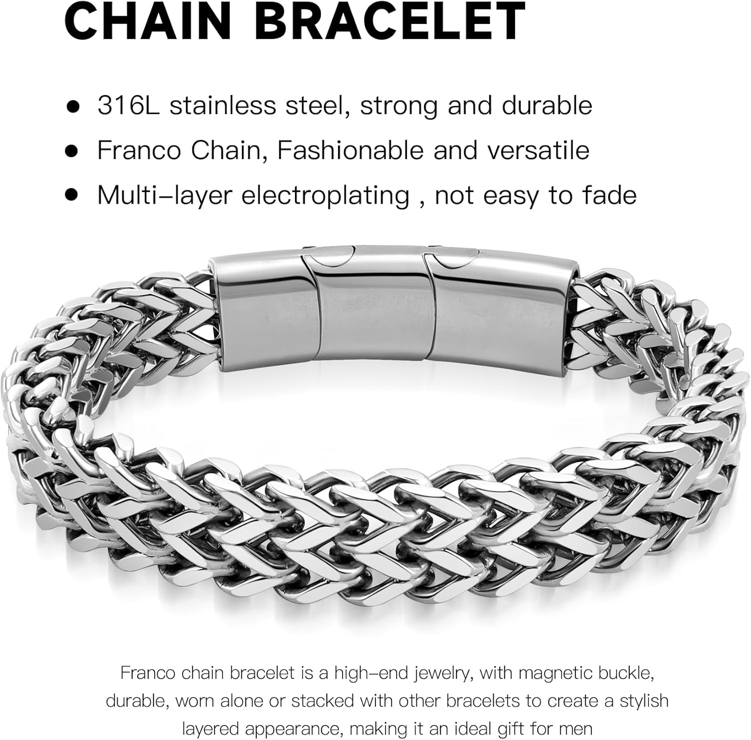 Stainless Steel Franco Chain Bracelets for Men - 6mm/8mm/10mm/12mm Width, 7.5"/8.3" Length, Black & 18K Metal, Durable and Adjustable Cuban Link Bracelet - Image 3