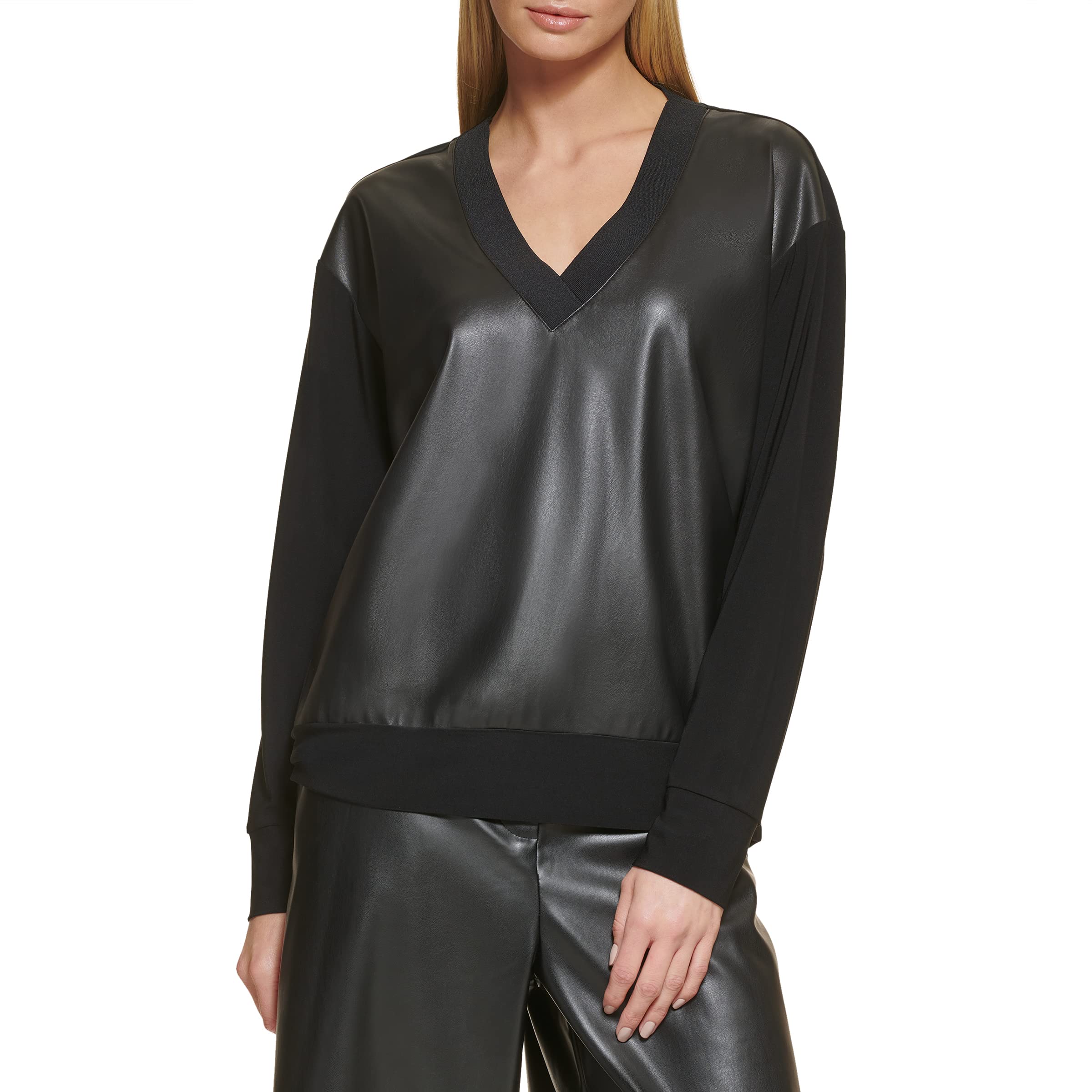 DKNYWomen's V-neck Faux Leather Front Knit Top Sweatshirt