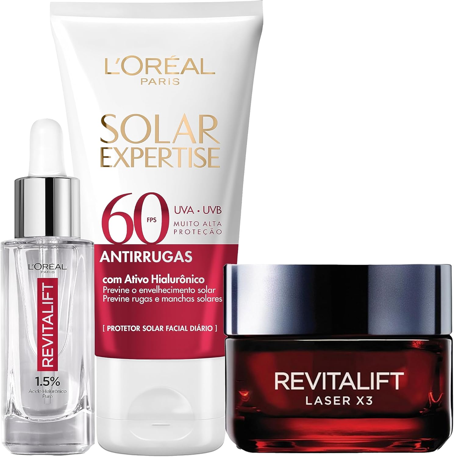 Kit L'Oréal Paris: Sérum Preenchedor Revitalift Hialurônico, 30ml + Creme Hidratante Revitalift Laser X3 Diurno, 50ml + Protetor Solar Expertise Antirrugas FPS 60, 40g Kit L'Oréal Paris: Sérum Preenchedor Revitalift Hialurônico, 30ml + Creme Hidratante Revitalift Laser X3 Diurno, 50ml + Protetor Solar Expertise Antirrugas FPS 60, 40g