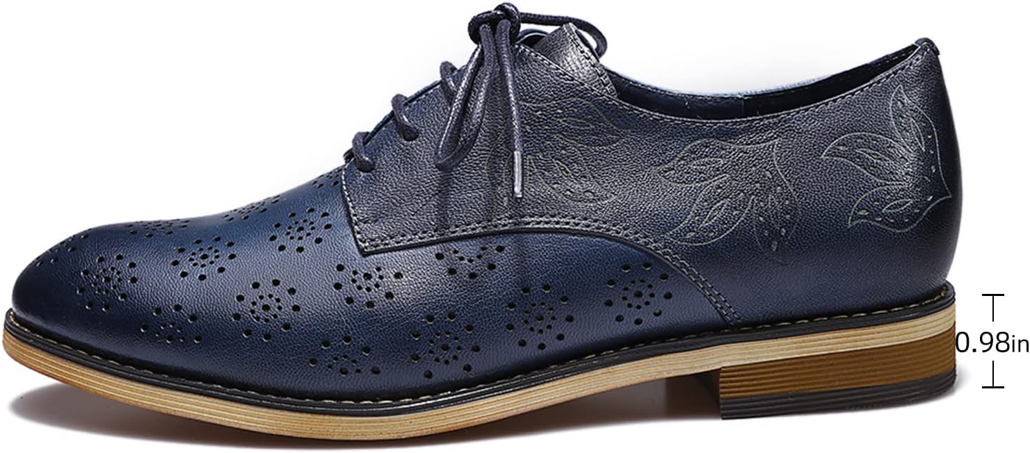Mona flying Women's Leather Oxford Brogue Floral Perforated Derby Flats | Supple Sheepskin Upper,Unique Floral Perforations,Chic Leaf Motifs,Soft Leather Lining,Snug Cushion Insole,Anti-slip Outsole