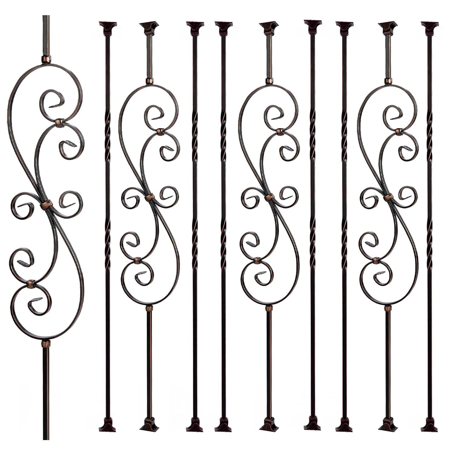 Oil Rubbed Copper Staircase Balusters - 1/2inch x 44inch, Metallic Railing Featuring Radiant Sheen, S-Curve Flower Decoration and Double Twist Balusters with Swivel