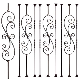 Oil Rubbed Copper Staircase Balusters - 1/2inch x 44inch, Metallic Railing Featuring Radiant Sheen S-Shaped Floral Pattern and Double Twist Balusters 9Pk with Swivel Shoes