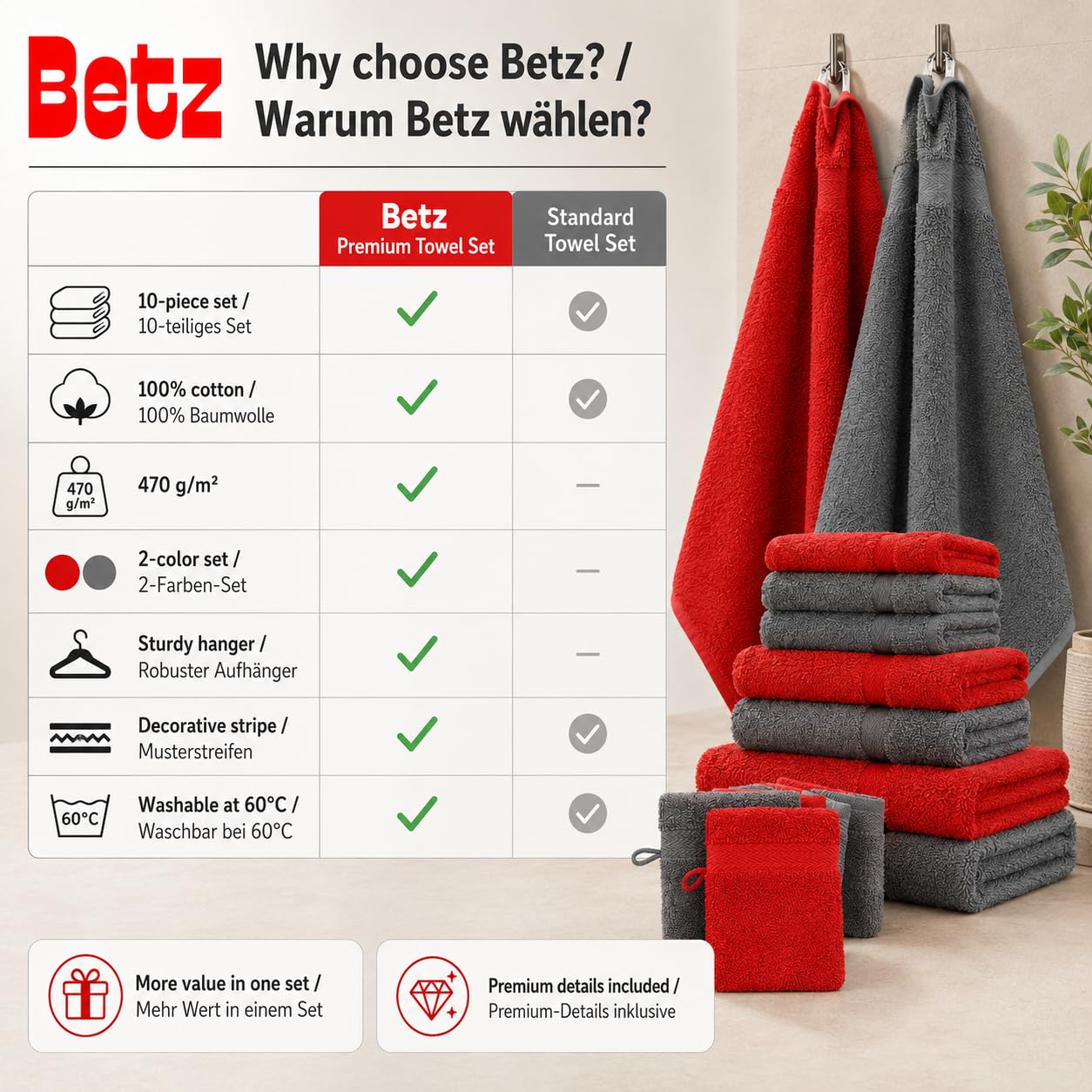 Betz Premium Frottier Handtuch-Set 10-teilig - 2X Duschtücher - 4X Handtücher - 2X Gästetücher - 2X Seiftücher - 2X Waschhandschuhe - Farbe Rot & Anthrazit