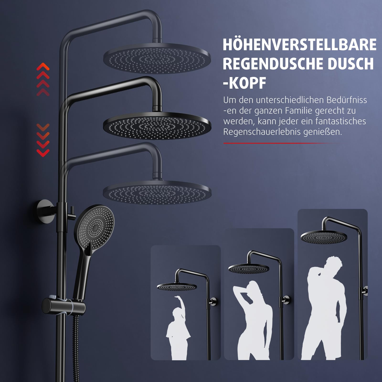 Rainsworth Colonna Doccia con Miscelatore Nero, 25 cm rotondo soffione doccia, doccia a mano 3 Funzione Doccetta, kit doccia, doccia completa