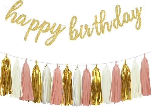 Happy Birthday Decorations - Gold Happy Birthday Banner and Paper Tassel Garland for Retro Pink Birthday Party Decorations