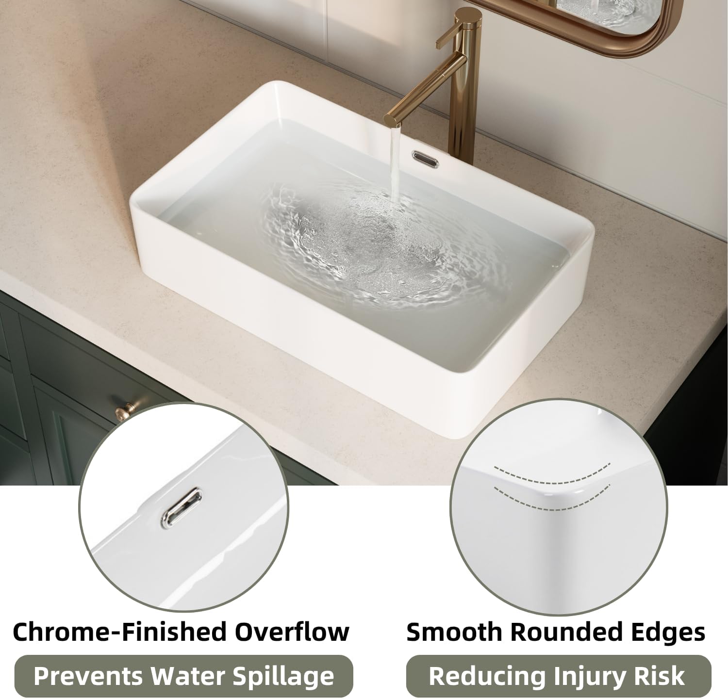 24 Inch Rectangular Vessel Sink with Overflow for Bathroom, Los Flexi 24"W x 15"D Modern Bathroom Sink Above Counter, Porcelain Basin, White Lavatory Sinks