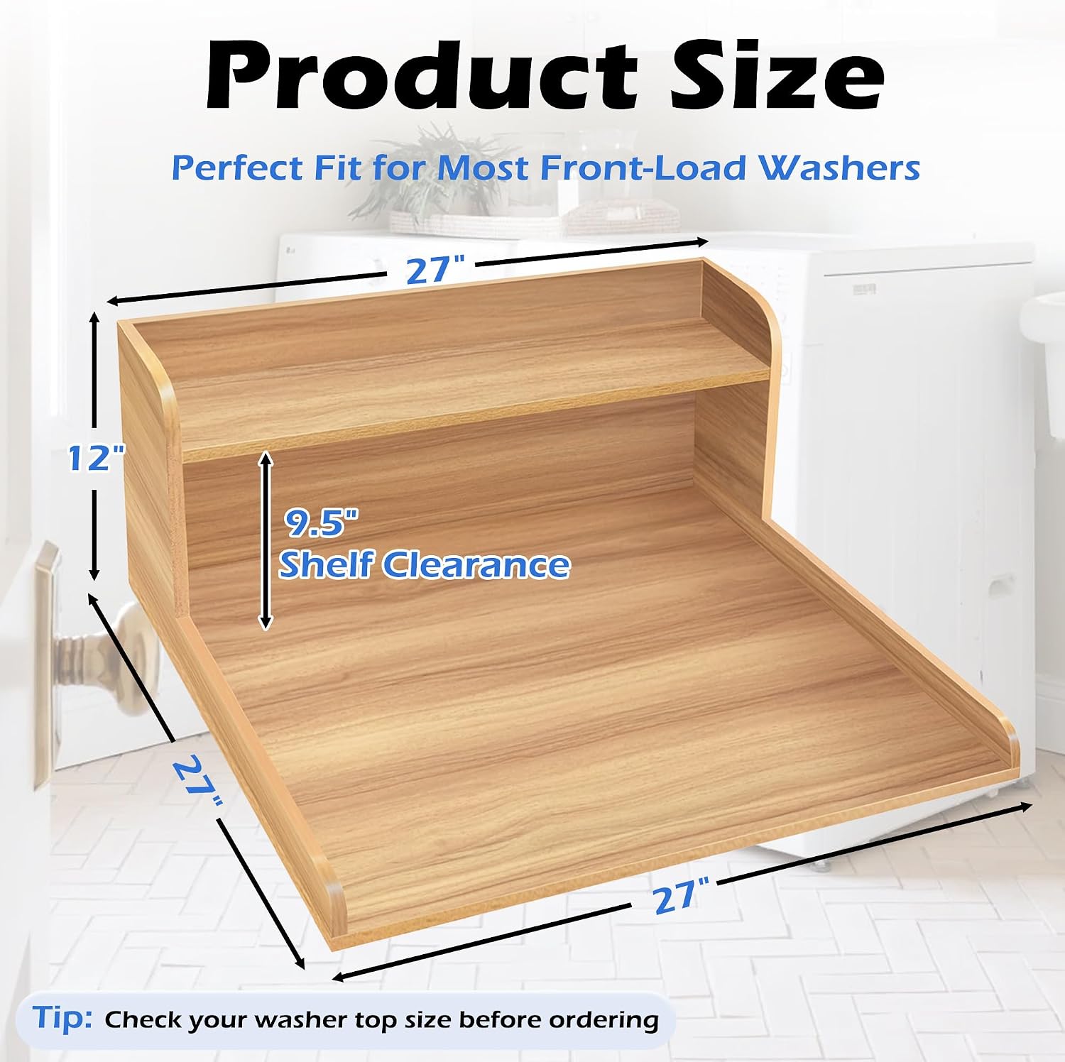 Royxen Single Washer Dryer Countertop, 2-Tier Laundry Countertop with Shelf, Soild Wood Core Washer Dryer Topper for Laundry Room Organization (Oak) image 2