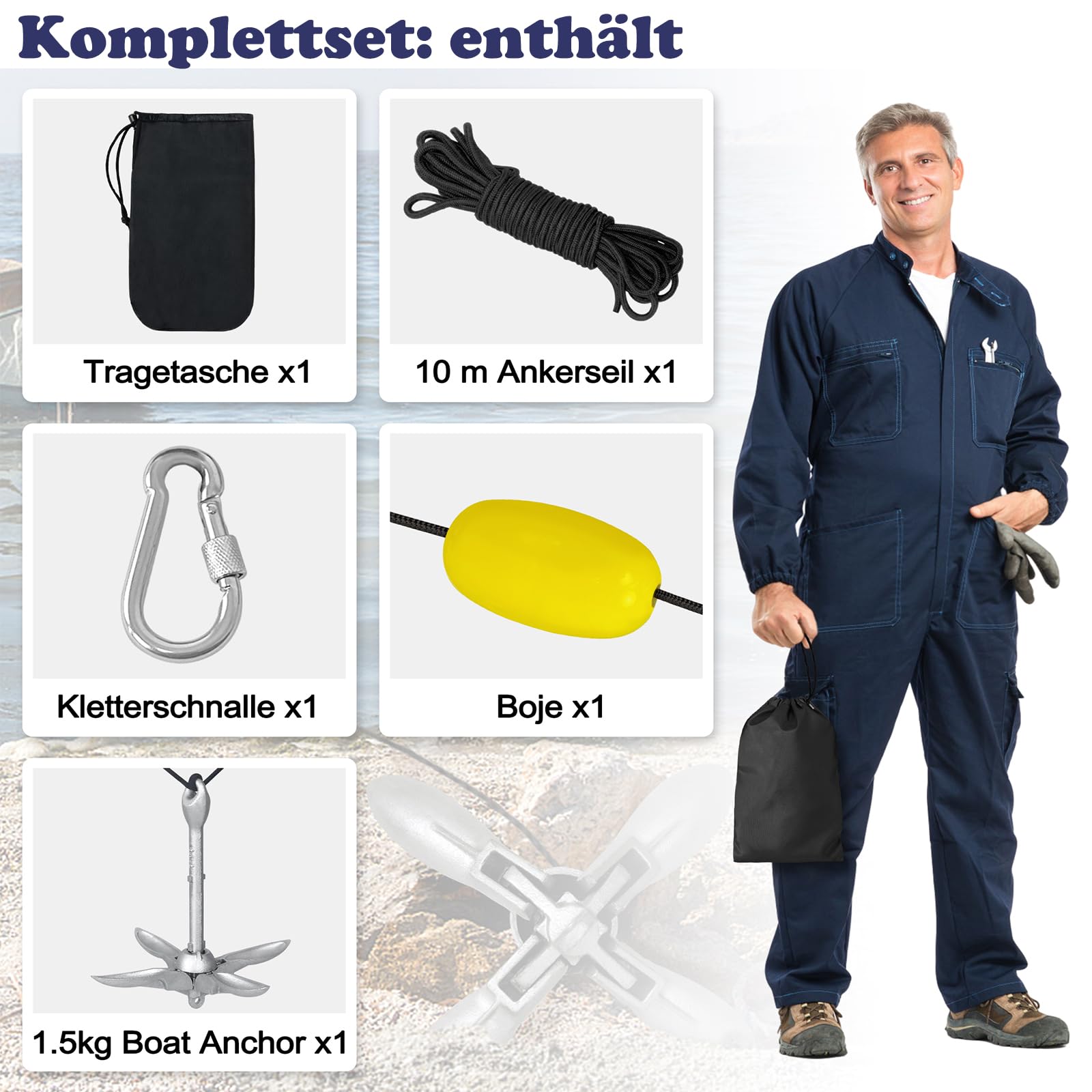 YUENFONG Faltanker Anker Klappanker mit 10 m Ankerseil, Eisenverzinkte Ankerset Vierhakenanker inkl. wasserdichte Tasche, für Kajaks, Kanus(1.5kg)