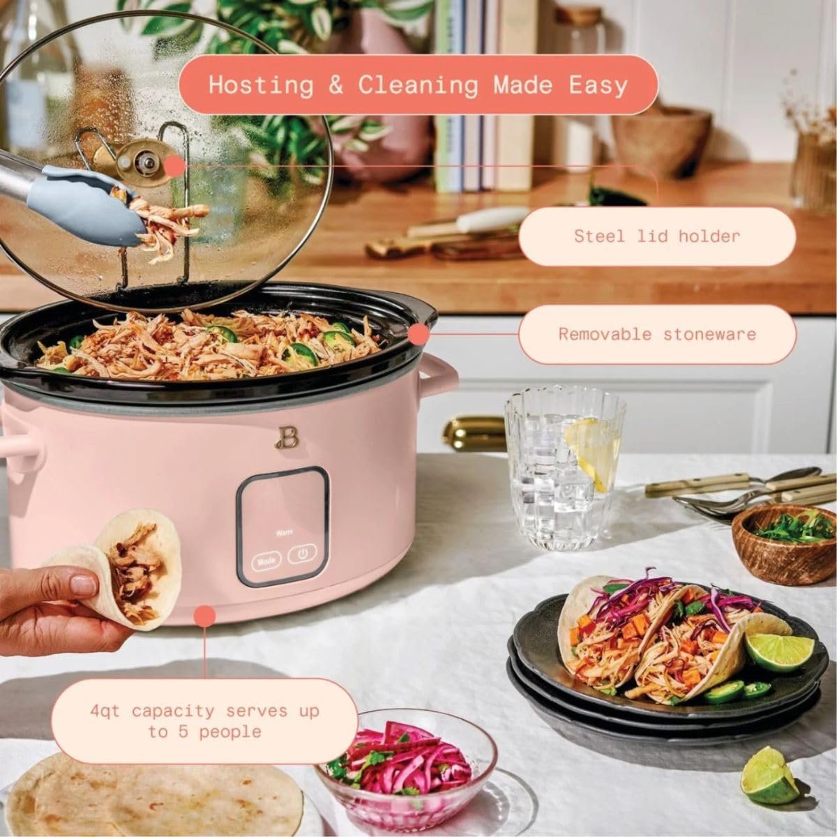 B- Slow Cooker with Touch-Activated Display, Programmable Digital Controls, Removable Non-Stick Pot, Keep Warm Function (Rose, 4 Quarts)