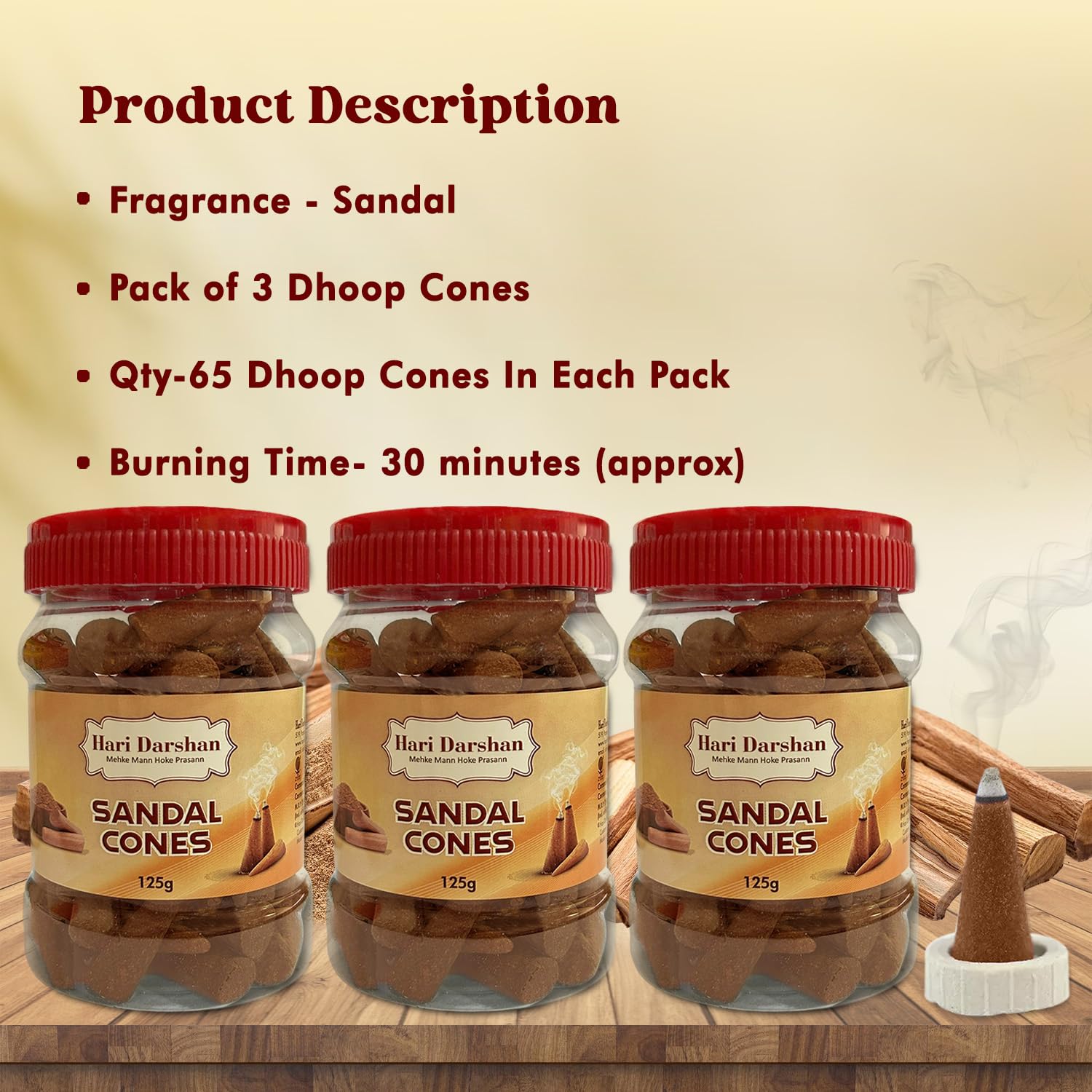 Hari Darshan Sandal Dhoop Cones - Organic Dry Dhoop with Long-Lasting Fragrance for Daily Pooja Meditation & Yoga | Non-Charcoal -Pack of 3 (125g Each) 1