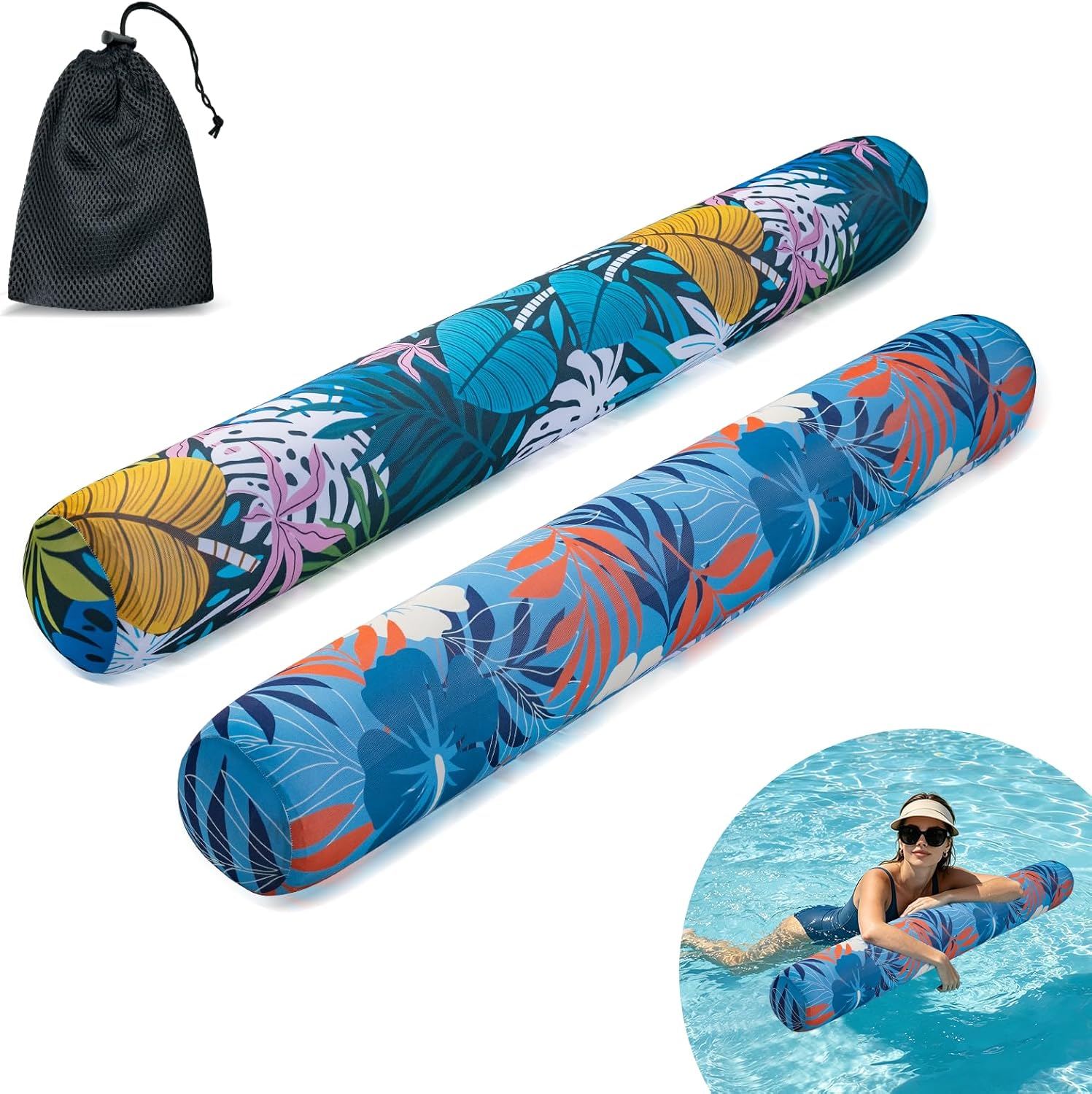 Inflatable Pool Noodle, 2 Pack Pool Floats, Pool Noodles for Adults | Quick-Dry Soft Fabric Cover, High Buoyancy Large Air Chamber, Quick Inflation & Deflation Valve, Lightweight Portable Storage