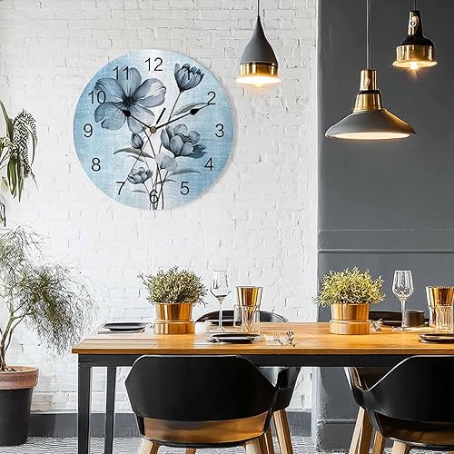 Miniatura 6 de Reloj de pared de flores azules, 10 pulgadas, silencioso, sin tictac, estilo retro, funciona con pilas, elegante reloj floral degradado para