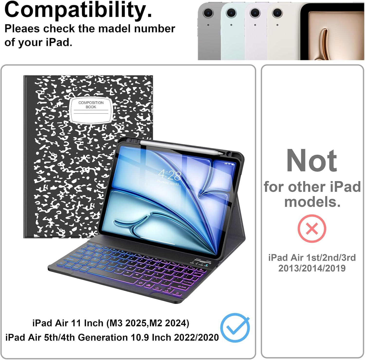 Supveco Keyboard Case for iPad Air 11 Inch (M3 2025,M2 2024),iPad Air 5th/4th Generation with Pencil Holder-7 Colors Backlit Wireless Detachable Folio Keyboard Cover with Soft TPU Back-Black - Image 3