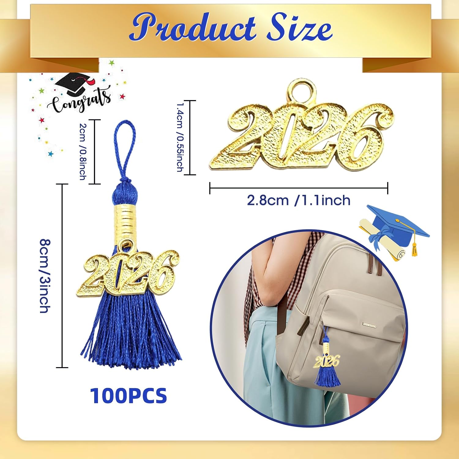 100 Pcs 2026 Blue Mini Tassels for Craft 2.4inch Graduation Silk Tassels Party Favors Mini Bookmark for Graduation Decor, Chocolates Decor, Keychain Making