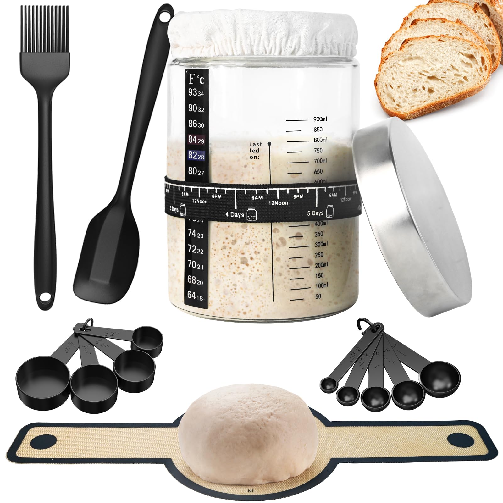 Sourdough Starter Kit, Sourdough Bread Baking Supplies, 41 OZ Large Capacity Sourdough Starter Jar with Feeding Tracker, Thermometer, Silicone Spatula, Silicone Bread Sling & More