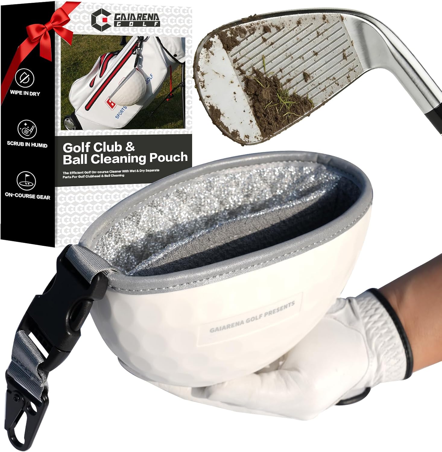 GAIARENA Golf Cleaning Bag Pouch Golf Ball Washer Club Cleaner with Scrub and Wipe Cloth Gifts Ideas for Golfers On-Course Golf Accessories