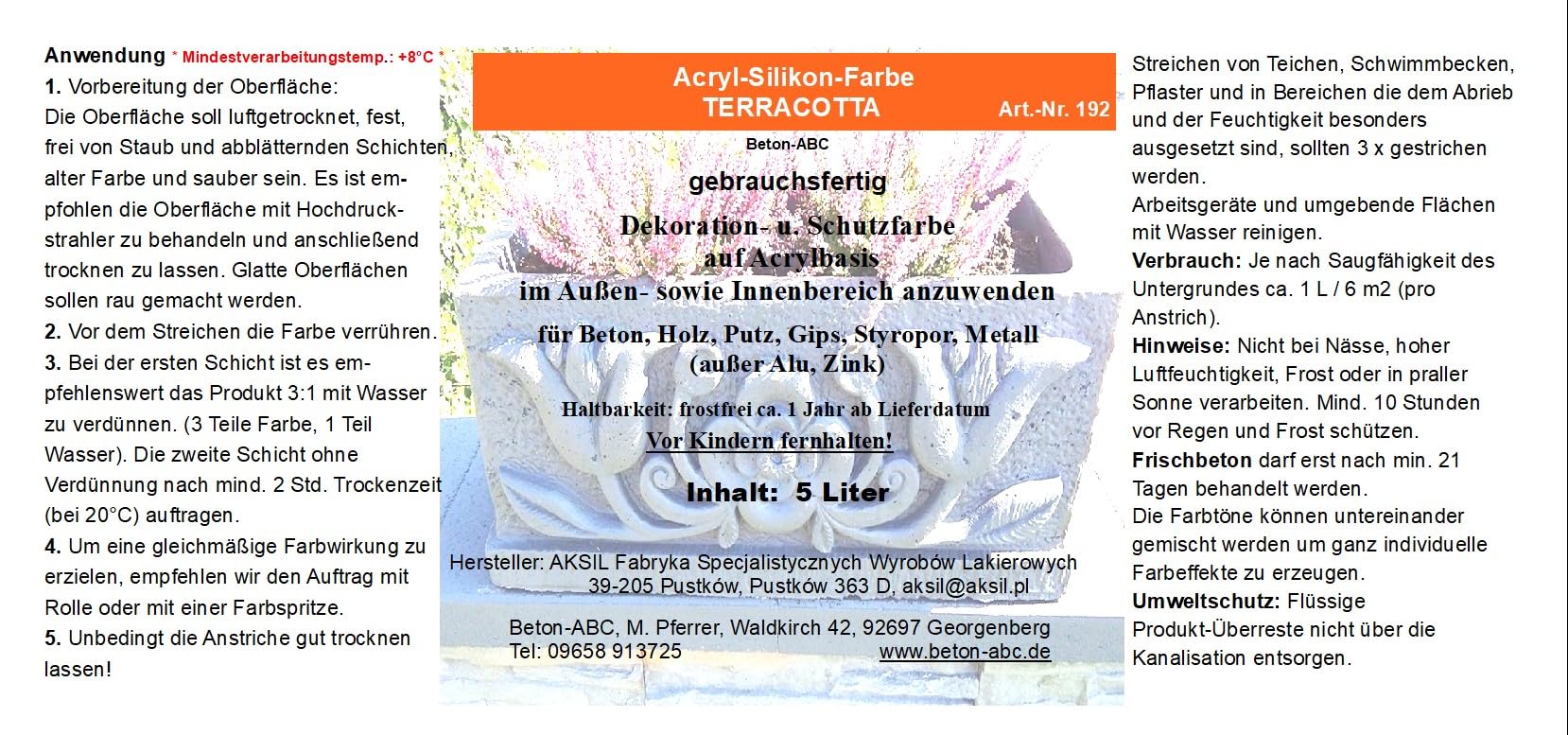 Terracotta - Betonfarbe Acryl Silikon 5 Liter, (EUR 14,80 /L)