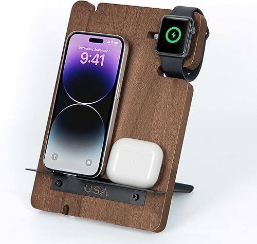 J JACKCUBE DESIGN MK243B - Estación de carga de madera, soporte de carga para reloj de teléfono, soporte organizador de mesita de noche para