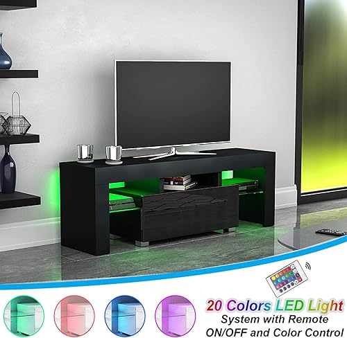 Miniatura 3 de Soporte de TV negro con luz, centro de entretenimiento con cajón de almacenamiento para TV de 55 pulgadas, soporte de TV de alto brillo con estante
