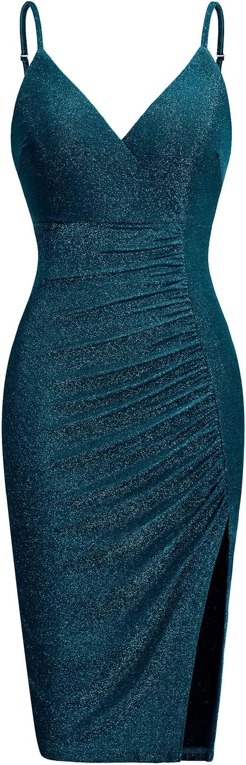 Women's Sexy Sparkle Dresses V Neck Spaghetti Straps Ruched Slit Bodycon Cocktail Party Midi Dress